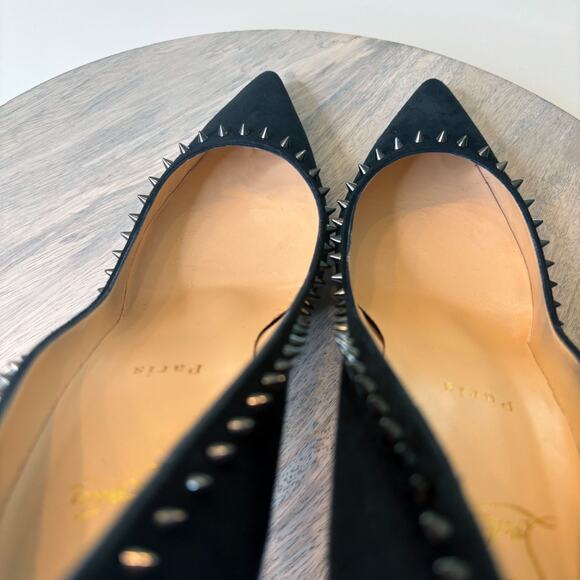 Christian Louboutin Follies Spikes 100 Pumps Black Suede Red Sole Heels Size 8.5 - Picture 6 of 15